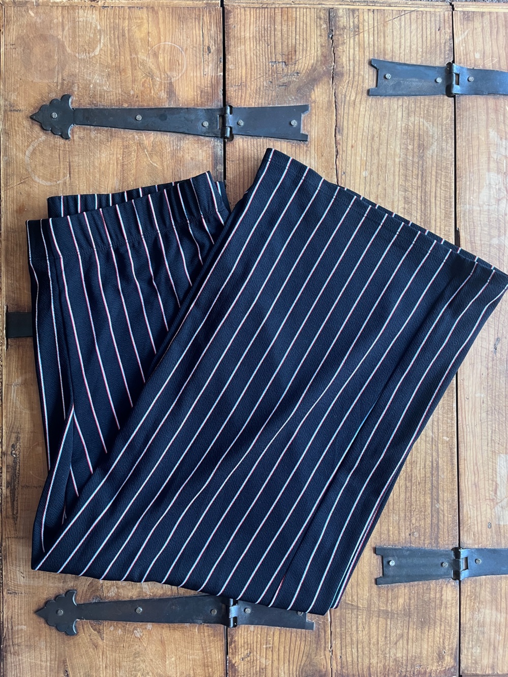 Wide-Leg Pinstripe Pants in Black with Red Stripes